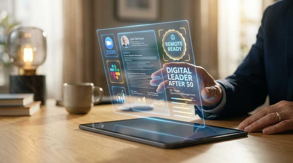 A modern digital resume for remote work after 50 showing professional skills and digital fluency