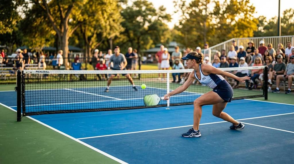 Seniors executing a strategic dink shot in pickleball to protect joints.