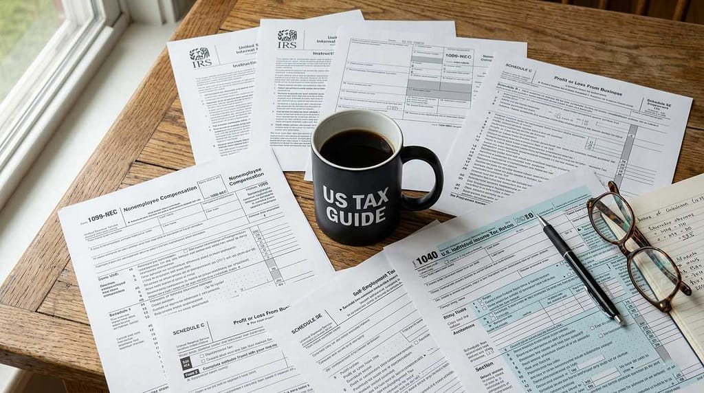 A professional flat-lay of IRS tax forms, a coffee mug, and glasses, representing essential tax tips for senior freelancers.