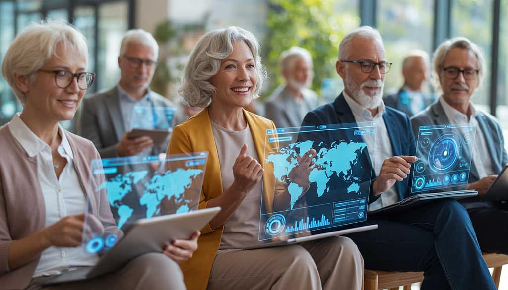 A group of tech-savvy seniors using AI holographic interfaces to manage online communities in 2026 remote community management for seniors