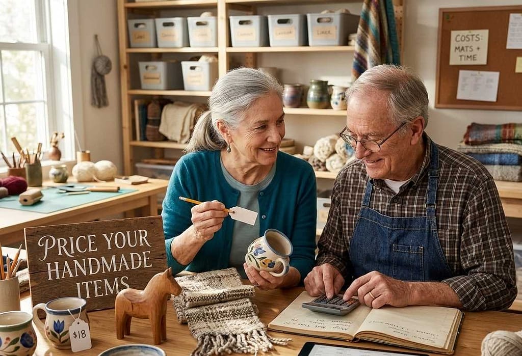 Senior couple in a workshop calculating prices for their handmade crafts and Etsy shop.