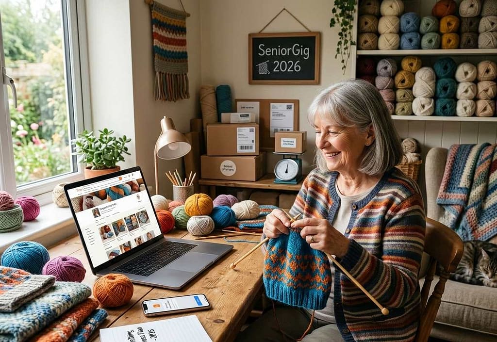 Senior artisan knitting a colorful sweater while managing an online shop on a laptop.Sell handmade knits online