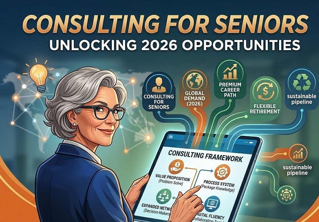 Senior professional woman transitioning from corporate to consulting using digital tools.