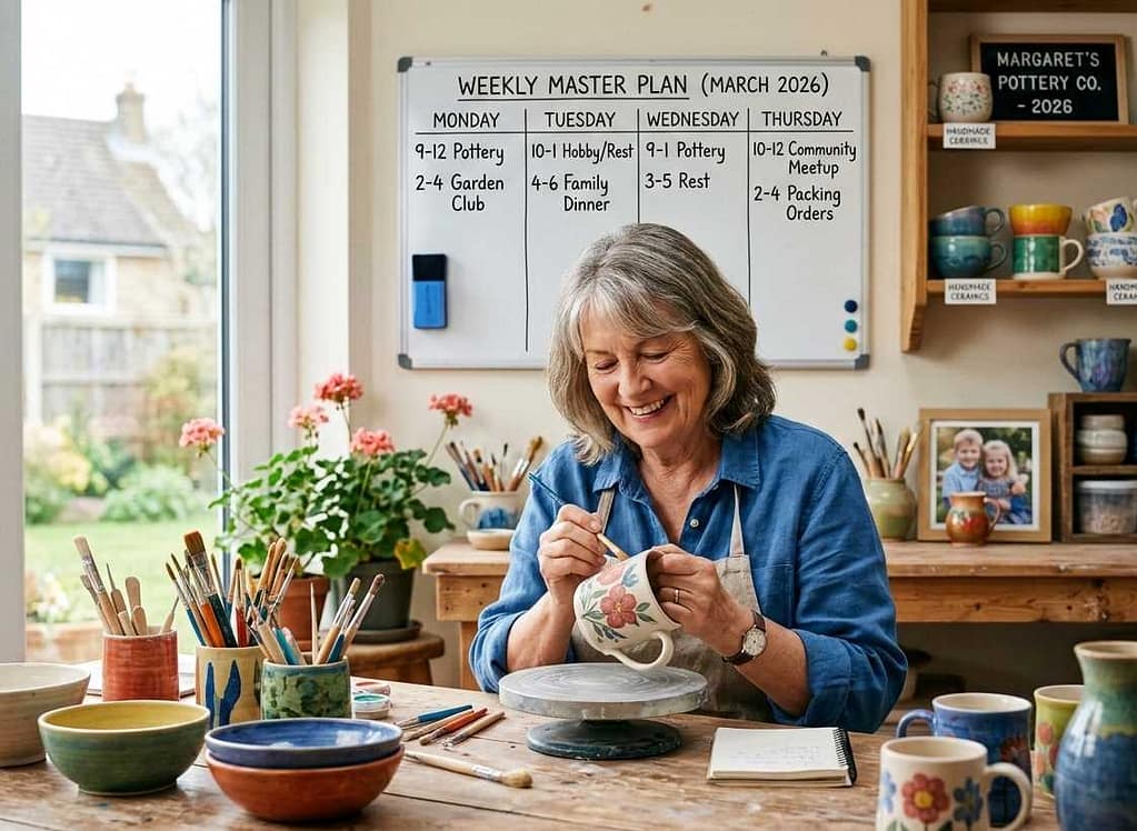 A senior woman painting pottery at her desk with a 2026 weekly master plan on the wall for business-life balance.Time Management for Senior 