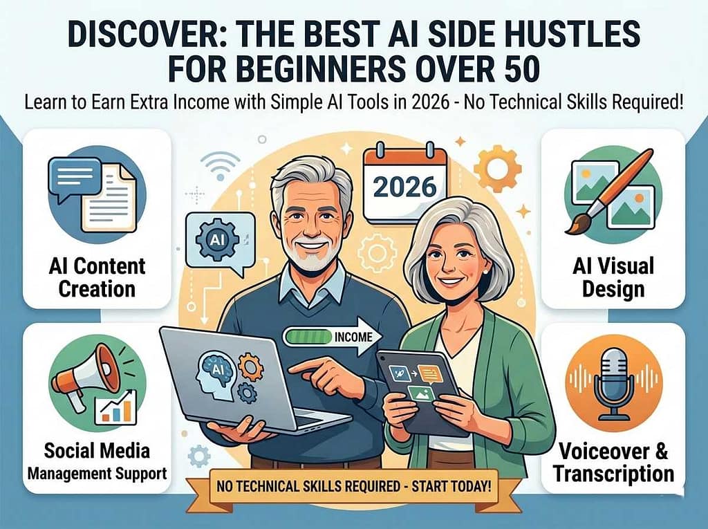 Man and woman over 50 using laptop and tablet for AI side hustles in 2026.