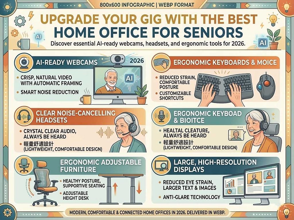 Best home office for seniors equipment AI-ready webcams, headsets, and adjustable furniture.