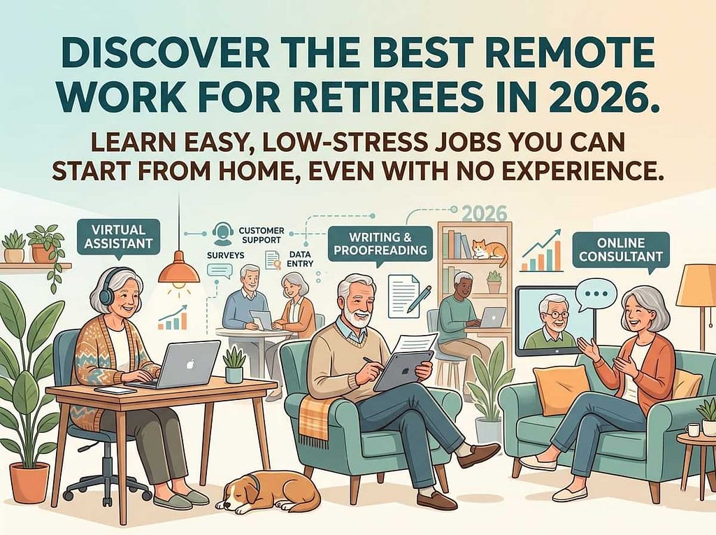 Infographic showing various remote work opportunities for retirees in 2026 like virtual assistant and online consulting.