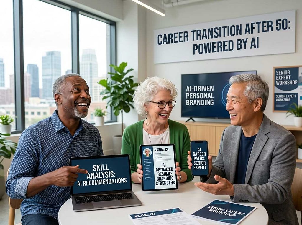 3 happy senior experts using AI tools for career transition and professional success in later life.
