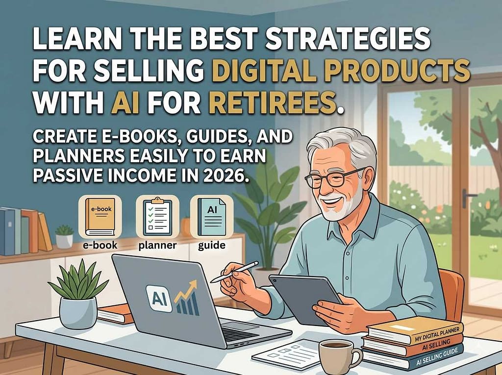 An elderly man using a tablet and laptop, with icons for e-book, planner, and guide, and text: "Learn the best strategies for selling digital products with AI for retirees. Create e-books, guides, and planners easily to earn passive income in 2026.