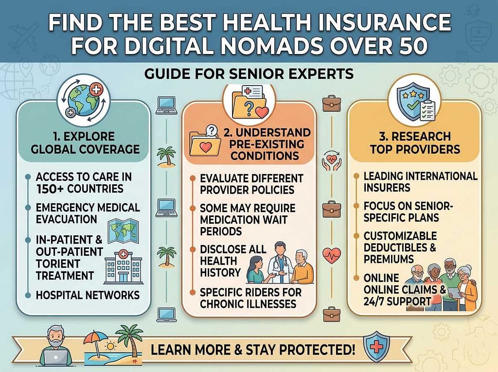 Comprehensive guide showing health insurance options for digital nomads over 50 and senior experts.