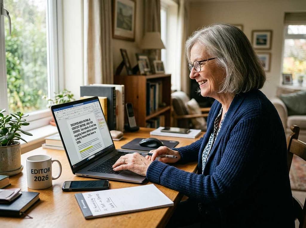 A senior woman smiling while editing AI-generated text on a laptop at home, symbolizing high-paying remote editing jobs for retirees.