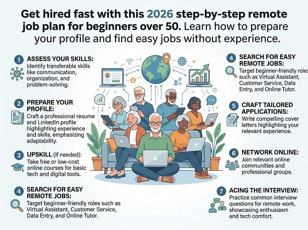 A step-by-step 2026 remote job plan for beginners over 50 showing seniors using laptops for remote work.