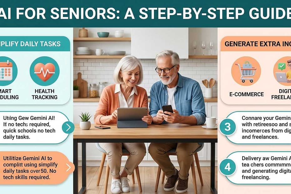 A professional infographic showing how retirees over 50 use Gemini AI to simplify daily tasks and generate extra income through digital freelancing.