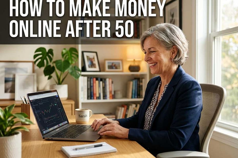 Confident professional woman over 50 working on a laptop in a bright home office, blog banner for making money online.