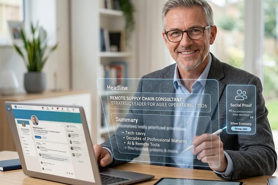 A confident senior male professional in his 50s optimizing his LinkedIn profile on a laptop for remote work in 2026.