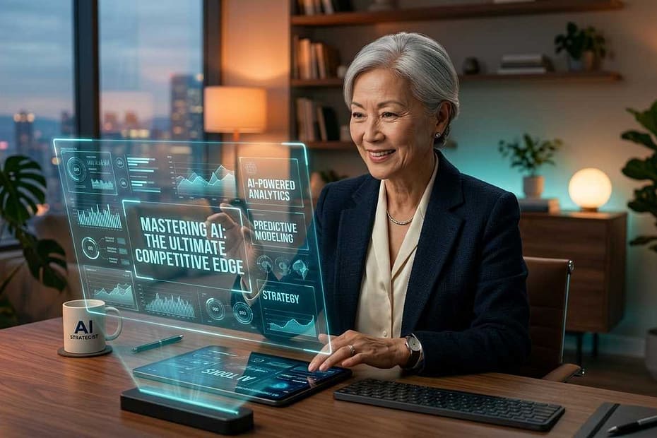 A sophisticated senior woman with silver hair using a holographic AI interface in a modern home office, titled Mastering AI for Seniors.