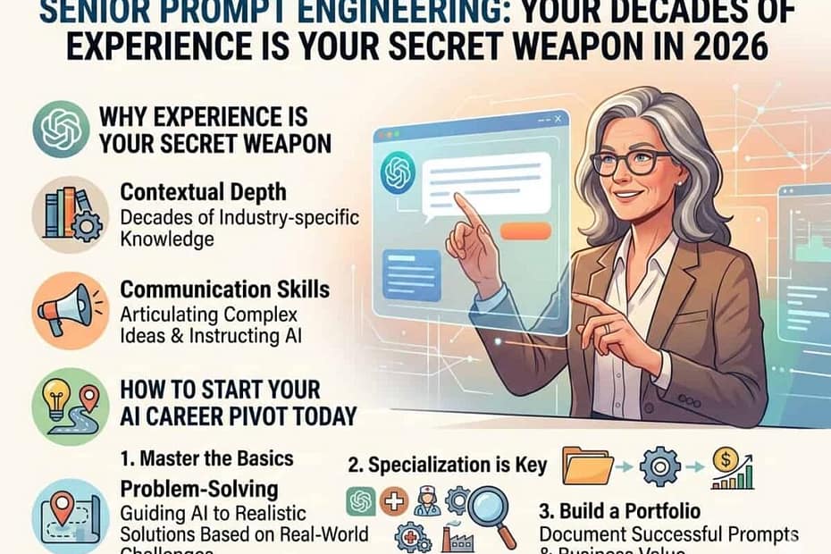 Professional woman over 50 using AI tools, representing Senior Prompt Engineering in 2026