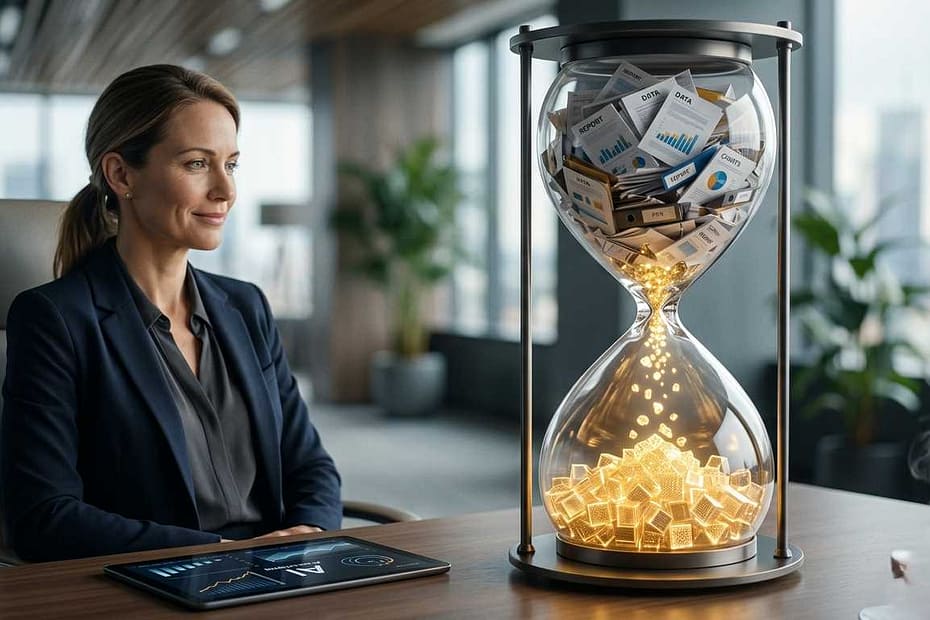 Modern hourglass showing AI tools for senior consultants transforming complex paperwork into golden data crystals.