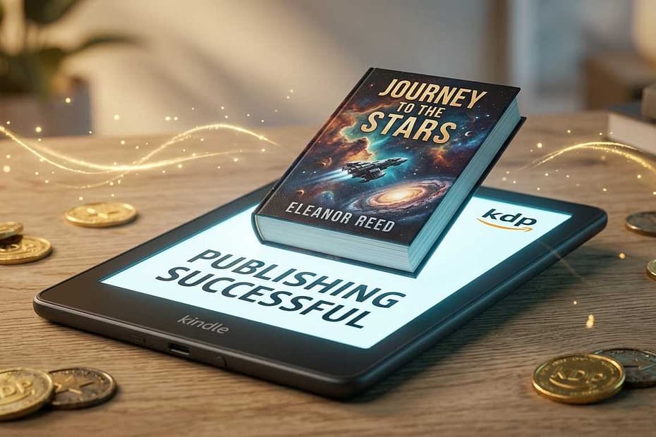 A modern e-ink tablet showing a 3D book cover and Amazon KDP logo, illustrating Amazon KDP for seniors and modern retirement income.