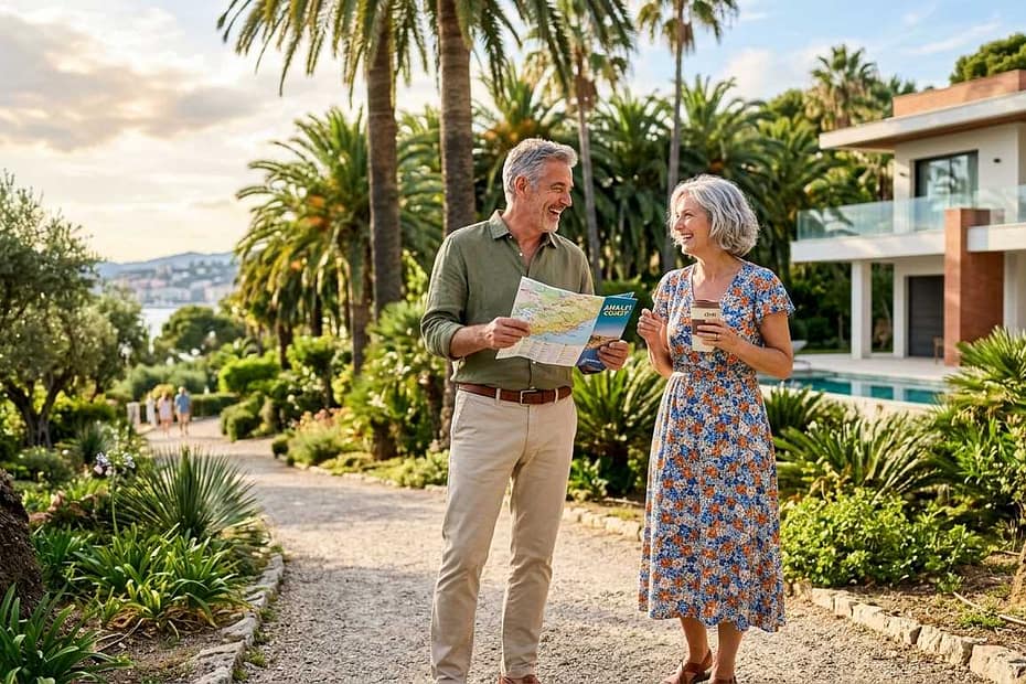 Happy senior couple in their 60s exploring the best places to retire in the US in 2026, holding a travel map in a sunny park.