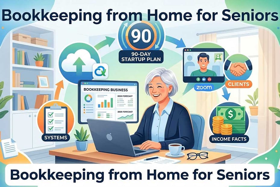 A senior woman working on bookkeeping from home using a laptop and 90-day startup plan icons.