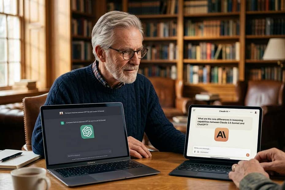 A detailed photo of a wise senior man in a library, comparing ChatGPT vs Claude for seniors on his laptop and tablet screens.