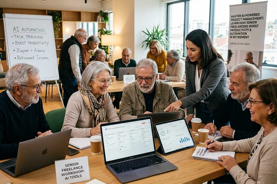 A group of diverse seniors working on laptops together in a modern cafe, representing freelancing for seniors.