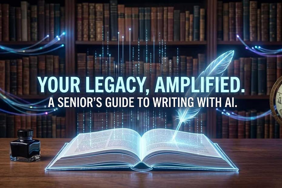 A 2026 guide showing how seniors can use AI to write and self publish a book with digital holographic elements.