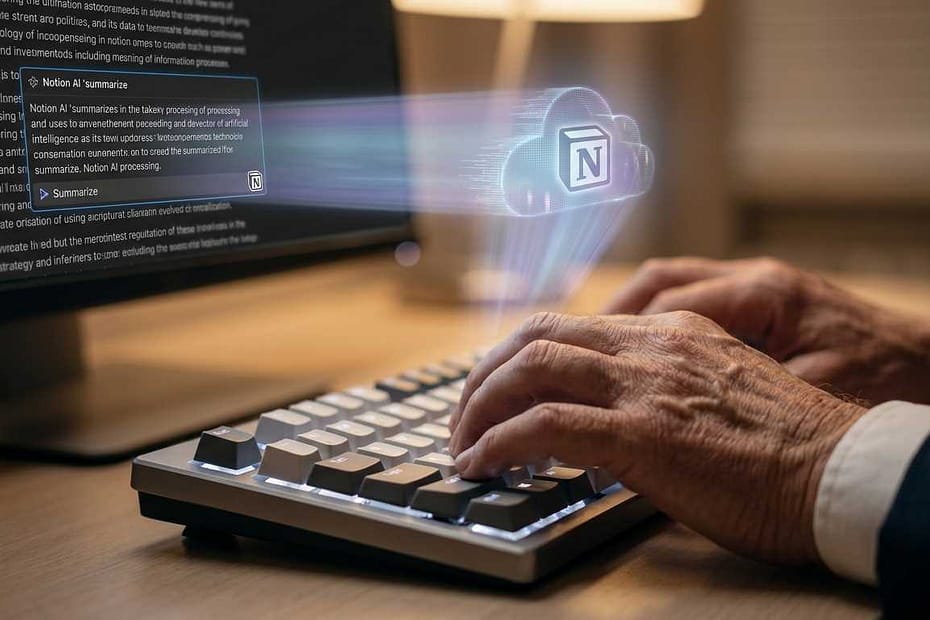 Notion AI for seniors summarizing digital text on a modern keyboard, symbolizing artificial intelligence in the professional workspace.