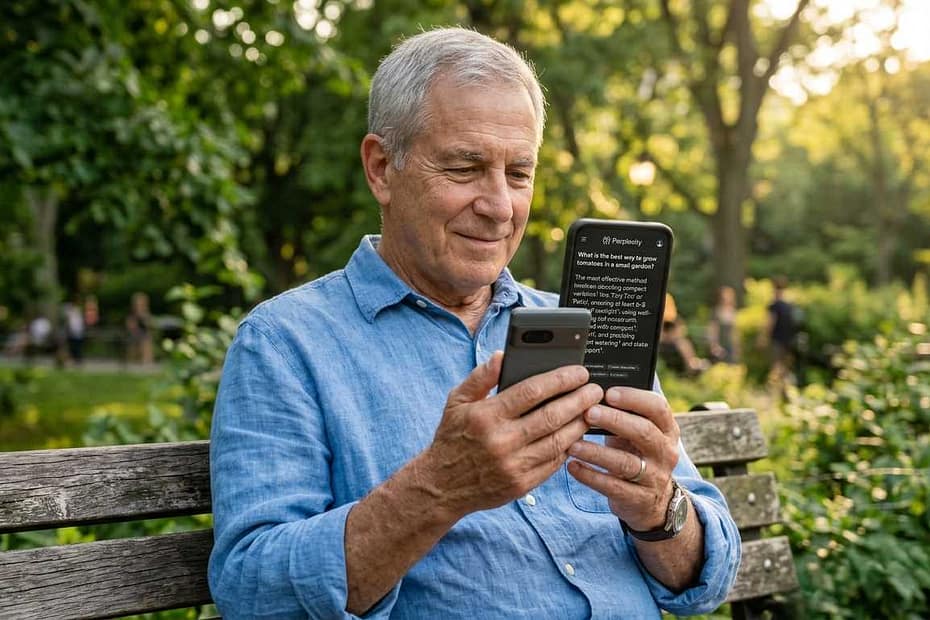 Senior man in park using Perplexity AI for seniors.