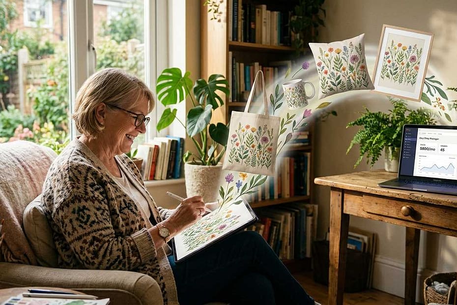 A senior woman creating digital botanical art on a tablet, with print-on-demand products like tote bags and mugs floating as finished products.