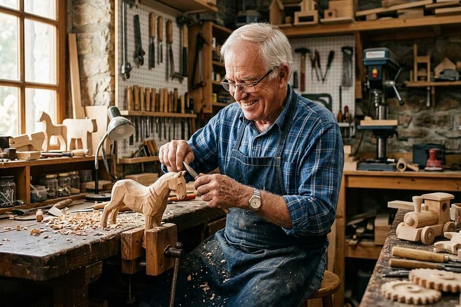 Robert working in his home garage on a profitable retirement hobby crafting wooden toys.