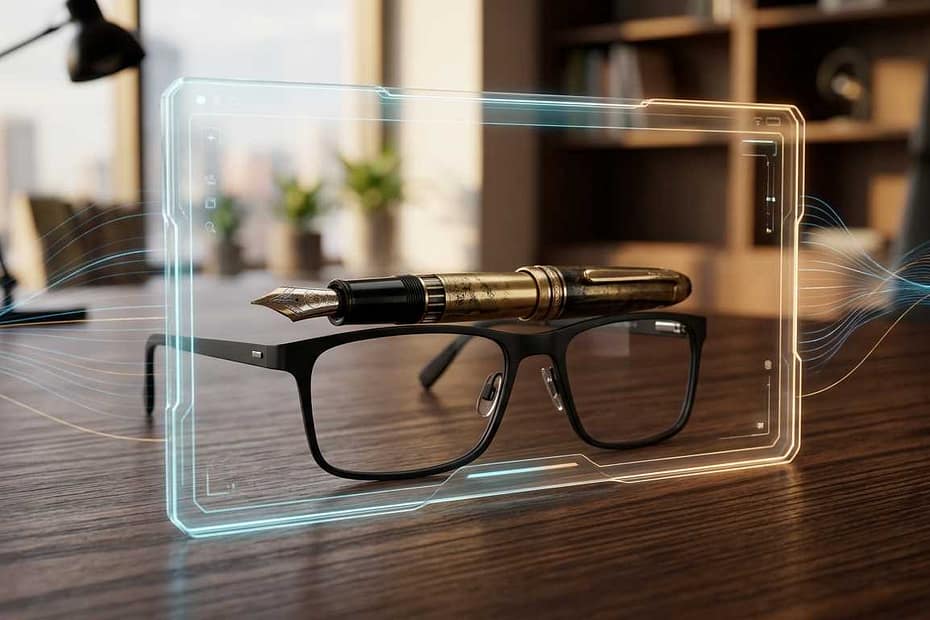 A professional visual of remote interview tips for seniors featuring a modern workspace and holographic frame