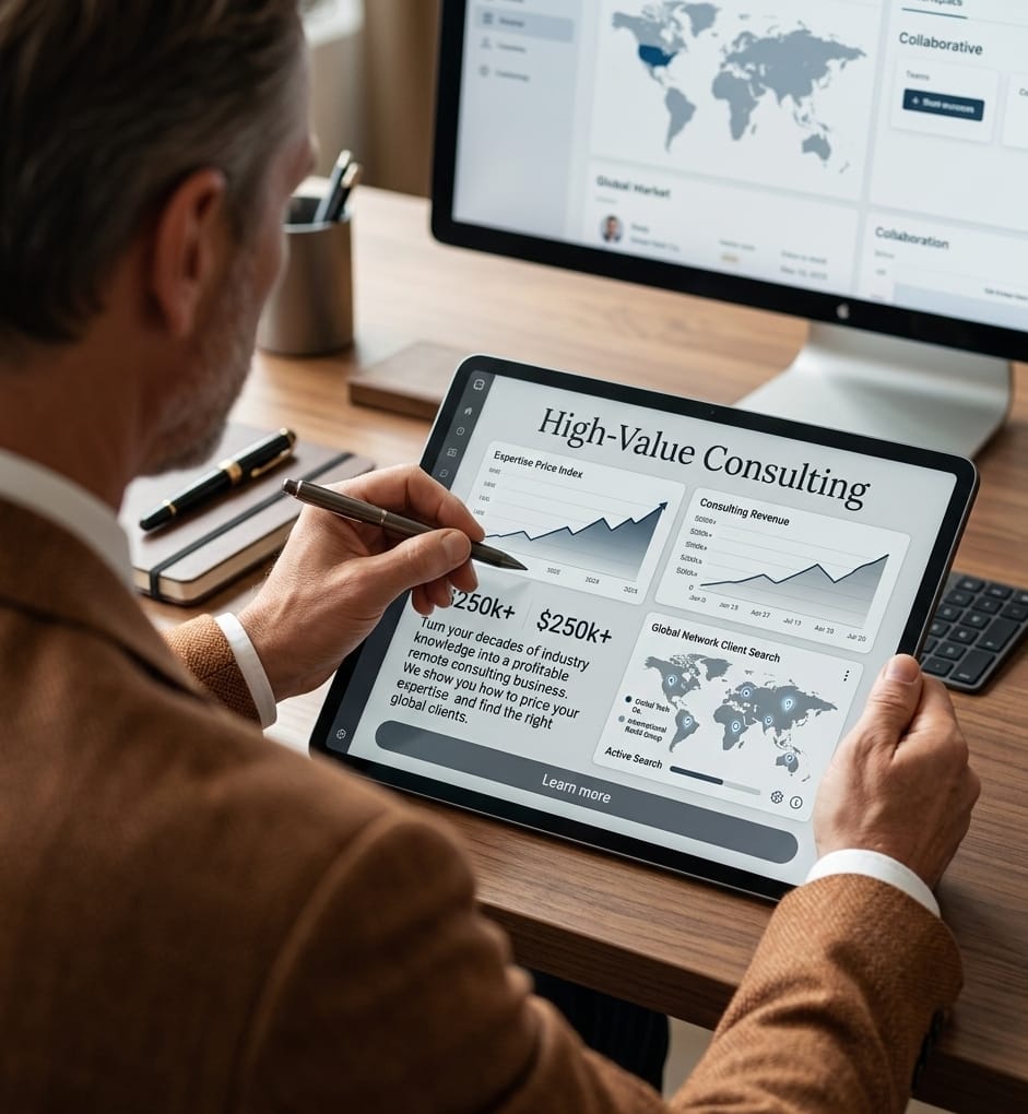 Experienced senior professional using a tablet for high-value remote consulting and global client analysis in 2026.